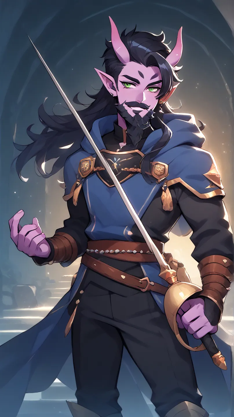 Male Bard rockstar Tiefling with purple skin,cool Tiefling horns with golden streaks, wearing leather outfit ,character of D&D, black hair, black beard, green eyes, smile,  Perfect Eyes, purple skin,medim black hair,Thick mustache, cabello negro, presumed,...