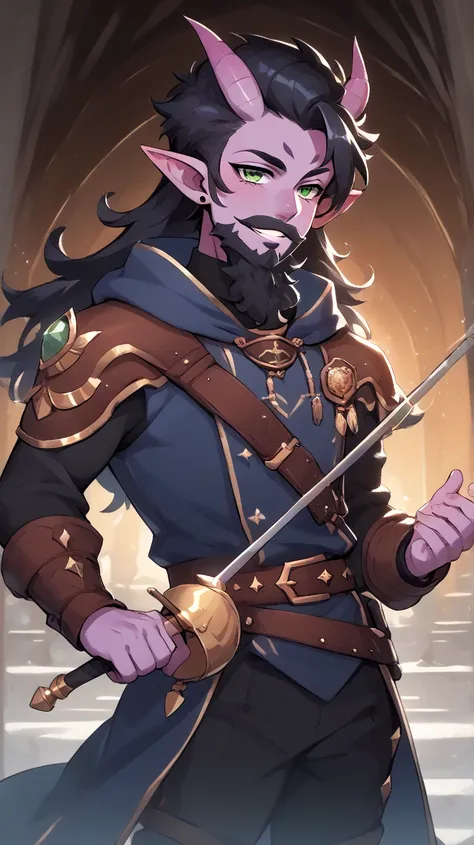 Male Bard rockstar Tiefling with purple skin,cool Tiefling horns with golden streaks, wearing leather outfit ,character of D&D, black hair, black beard, green eyes, smile,  Perfect Eyes, purple skin,medim black hair,Thick mustache, cabello negro, presumed,...