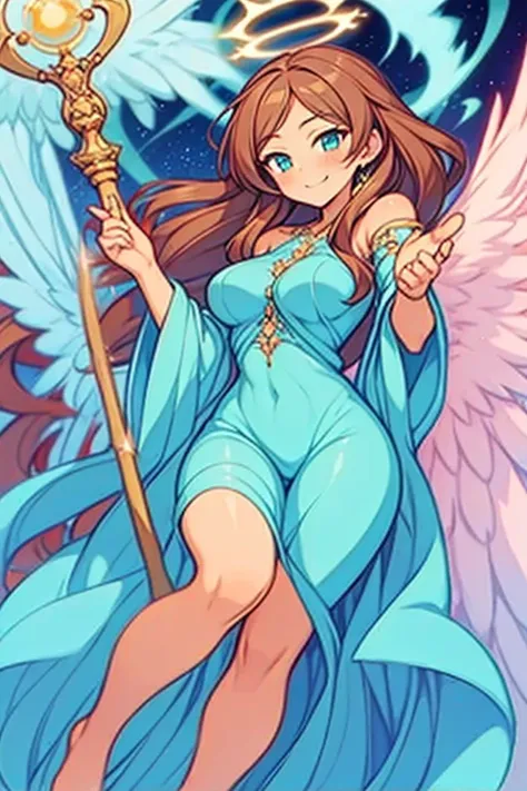 (masterpiece, best quality) cute anime angel girl, Brown long hair, delicate angel wings, barefoot, sexy smiling, sexy pose, coquette, beautiful long legs, mature girl, gorgeous body, pronounced very big breasts, standing, intricate details and sunlight et...