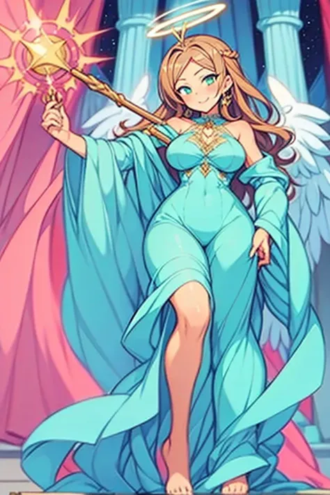 (masterpiece, best quality) cute anime angel girl, Brown long hair, delicate angel wings, barefoot, sexy smiling, sexy pose, coquette, beautiful long legs, mature girl, gorgeous body, pronounced very big breasts, standing, intricate details and sunlight et...