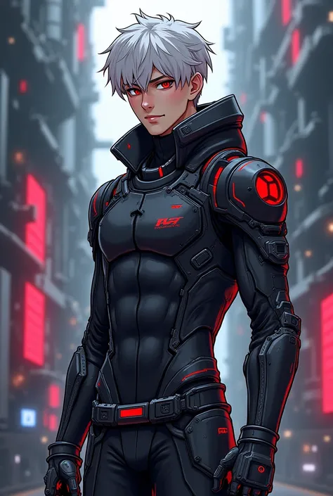 Crée moi une photo d'un garçon version anime cheuveux blanc et yeux rouges et portant une armure futuriste peu cyberpunk, corps moyennement musclé, âge dans la 20 , et beau gosse 