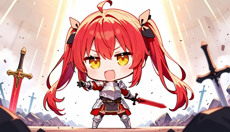 score_9,score_8_up,score_7_up,rating_safety,source_manga,masterpiece,best quality,hyper detailed,super fine illustration,8k,chibi,deformed,BREAK SD character,red hair,twintail,holding_sword,knight armor,standing,BREAK battlefield,knight orders,detailed bac...