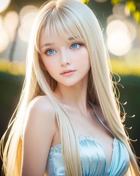 The most beautiful girl with long blonde hair in the world、 very beautiful shiny cute face 、Beautiful shiny white skin、Glowing cheek highlight、beautiful cute sexy pale blue eyes 、hair over eyes、hair over one eye、hair between eyes、 big double eyelids 、 beau...