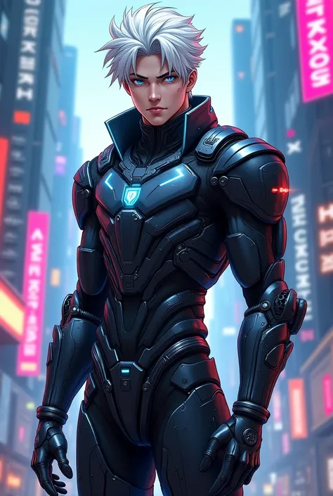 An anime-version boy with white hair and white eyes, wearing futuristic armour, little cyberpunk, moderately muscular, aged in his 20's and handsome. 