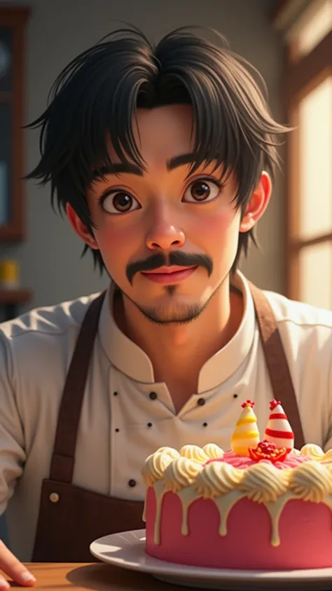 Disney style poster pull Confectioner 30-year-old young man, straight hair with short bangs, oriental features, Curved mustache thin beard. Confectionery kitchen scenario. And a colorful cake full HD 8k 