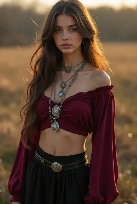 A full-length Scandinavian-looking girl with fair skin, with brown eyes, dark brown hair that shimmers golden in the light, wears a burgundy crop top with long sleeves and a black long skirt, lots of silver pendants on clothes