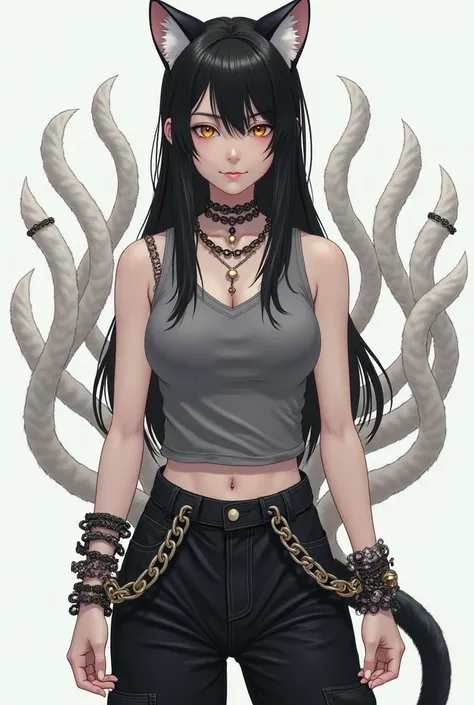 A girl with nine white cat tails and yellow eyes in a gray tank top and black parachute pants.  Her wrists , ankles , there are thick and long chains in the neck and waist,  have chains on her wrists .  She has white cat ears and a beautiful Korean face an...