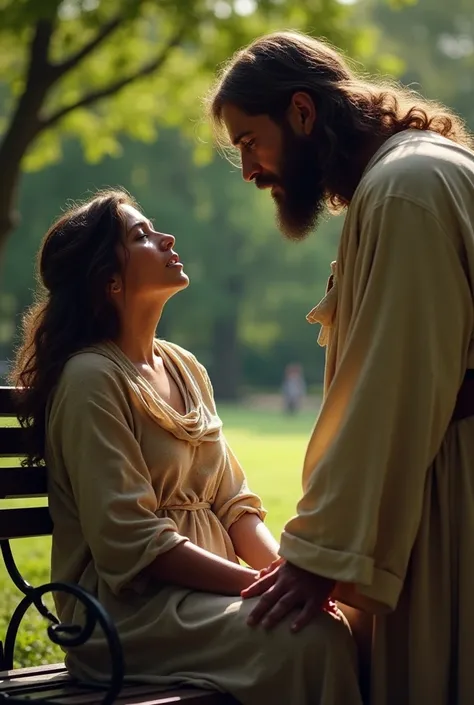 Jesus listening to the cry of a woman who is sitting in a park chair, She is desperate and crying. Meanwhile, Jesus of Nazareth was standing in front of her, listening to her supplications.