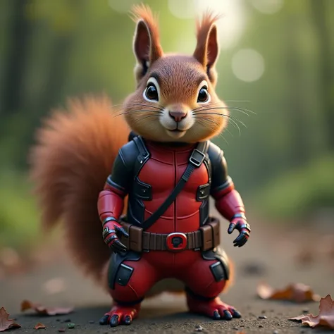 Make image realstic A real Squirrel with Deadpool's Red and Black color costume design, Natural animal standing style.