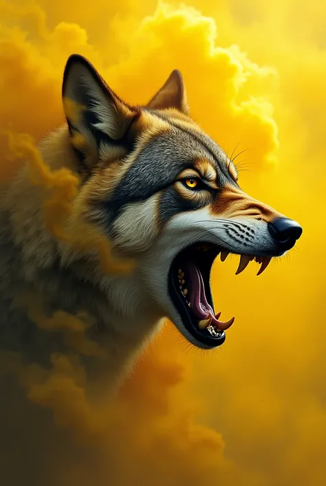 Create an image on the head of a wolf from the side roaring with yellow smoke behind