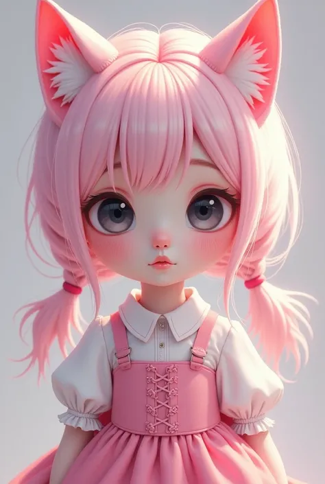   girl pale pink hair, Two low ponytails , black big eyes , pink fox ears ,  cat nose , pink skirt ,  pink shirt, a corset 