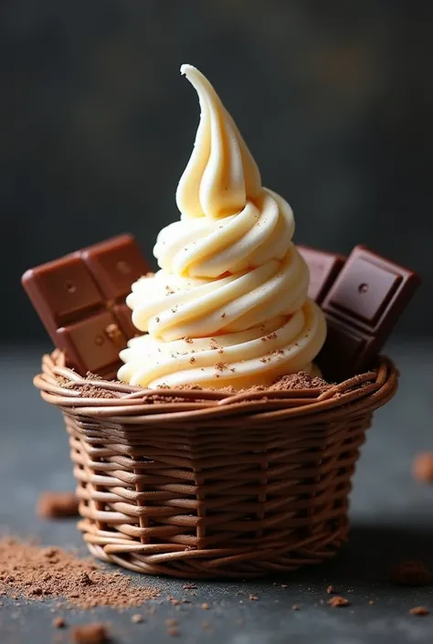  high quality, 8K ultra HD, In a basket shaped container place creamy ice cream and chocolate, The background is monochrome,  sharp focus,  double exposure, By Yukisakura,  stunning full color
