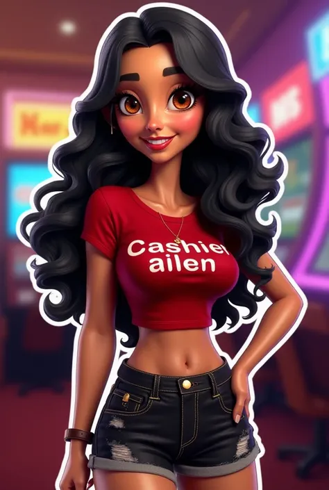  3D representation of a Disneys-style character sticker , a woman with long black hair with curlers  ,  honey-colored eyes , She wears a red top that says cashier ailen and short, distressed black jeans.  She is in a casino gaming environment .