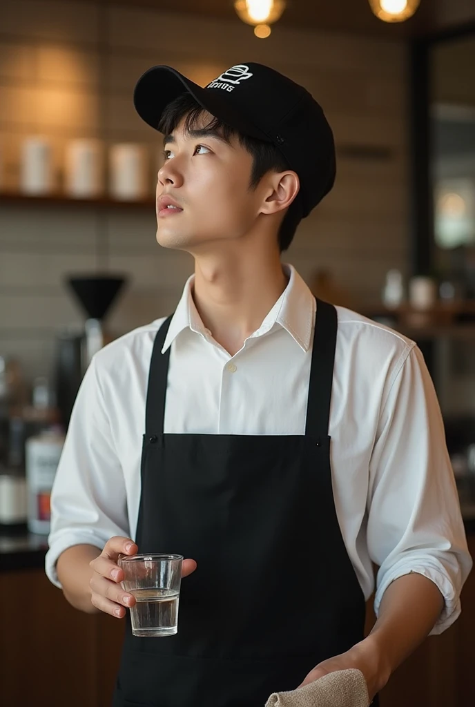 A tall and handsome young Korean man, Coffee shop attendant, with a white blouse and a black apron, black cap with the outline of a coffee cup, He's holding a glass cup and a dish towel, your head down, He is looking up with a passionate look