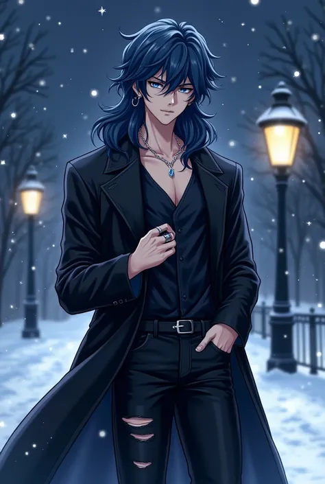 anime handsome young man, adult, manhwa drawing, dark-blue hair, wavy hair, long hair, silver nacklace, silver earrings, slim, cunning, tantalizing, yandere, yandere male, detailed, outside, night, stars, mysterious blue eyes, silver rings on fingers, blac...