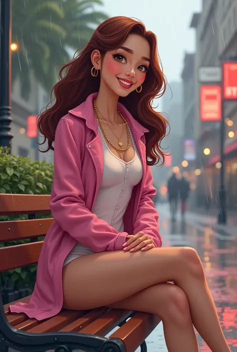 Tip: A very lovely  beautiful Asian American woman being happy alone on a bench in Downtown San Diego in the rain.. The illustration is a high definition illustration with 4k resolution., with highly detailed facial features and cartoon style visuals, pink...