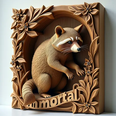 A three-dimensional wooden block ,  on the wood appears a carved sculpture of a raccoon ,  the sculpture is incredibly detailed and adds realism to the raccoon .  The sculpture is carved in dynamic and elegant decorative elements .  All details and decorat...