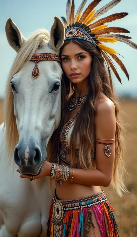 extramely gorgeous sexy young girl with white horse , gorgeous body, she is wearing a Native American clothing with lots of colorful feathers and jewelery, colorful feathers on her hair, the most detailed face, sexy legs, full body image,, 

 hyper realist...