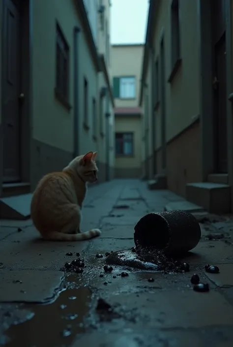  A strange black substance oozes from a broken container.  It shines slightly and seems to move on its own ,  creeping towards the cat . The alley is even darker ,  and the environment has a tone of suspense and danger 