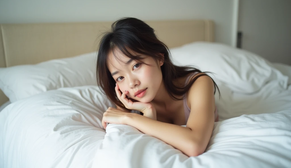 A cute 18-year-old Asian girl having sex in a white bed