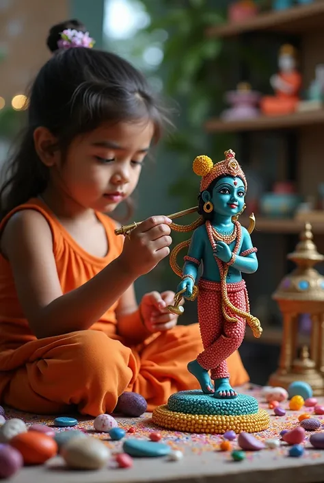 Prompt: "A young girl creating a statue of Lord Krishna using colorful, sparkling stones. She is carefully placing the stones to form the divine figure, with intricate details and vibrant colors. The background is a peaceful, artistic workspace filled with...