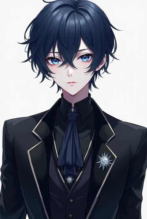 A quiet and sharp anime guy with beautiful and sharp indigo eyes with very dark and short indigo hair.He has white skin and wears all the fantasy black clothes of a luxurious school suit
