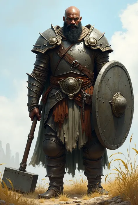  masterpiece,  better quality, rpg character art ,  Epic fantasy art style , 1 man, Tyr, 45-year-old black man, stoic and reserved ,  Full Body Fantasy Concept Art ,  he is an imposing figure with a strong constitution, But half thin ,  dark brown skin  , ...