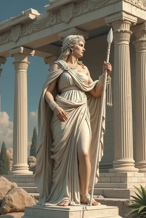 an aesthetic representation and work of art of Athena with the temple of Artemis 