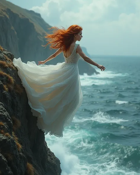 Red-haired bride jumps off a cliff