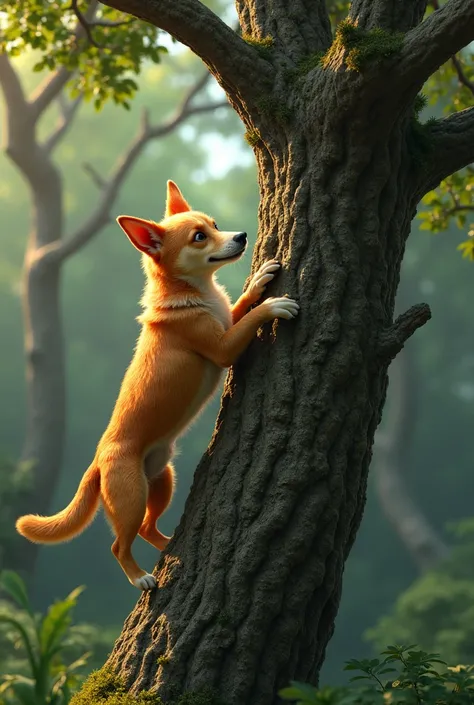 Dog climbing on tree