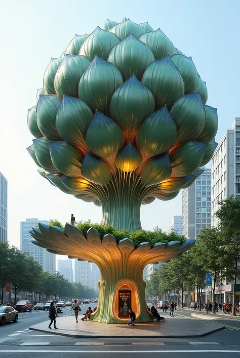 I want you to create a pavilion as a tree and it is inspired by the artichoke petals and that it's a bus stop and the petals are solar panels
