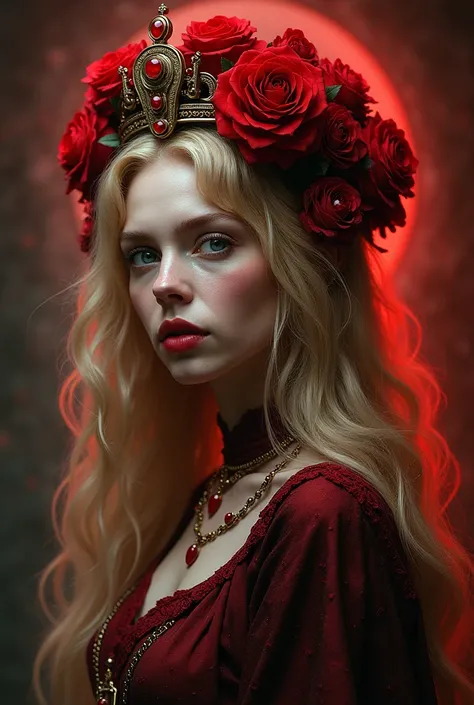 blond woman with red roses in her hair and a black dress, crown of roses, rose crown, thorn rose crown, rose thorn crown, portrait of kim petras, she is the queen of black roses, crown of mechanical peach roses, giant dahlia flower crown head, roses in her...