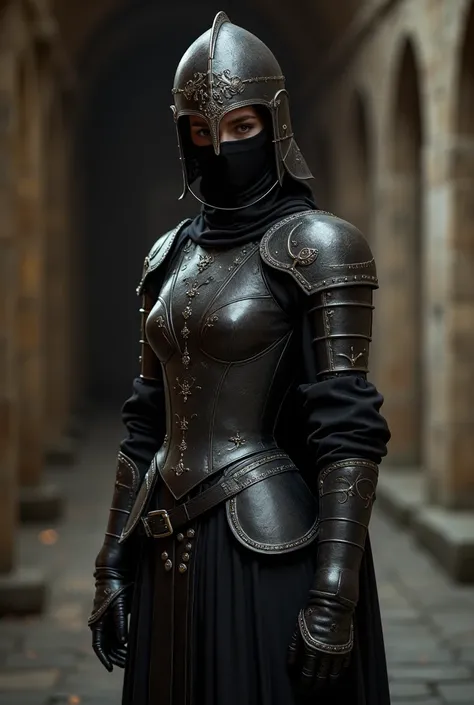  beautiful slender girl .  Spanish medieval helmet. black mask. Black leather armor .