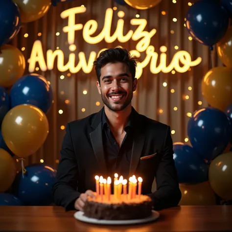 A festive and stylish birthday celebration portrait of a young man named Netinho. He is elegantly dressed in a dark outfit, with a confident and warm smile. The background is filled with golden and blue balloons, sparkling lights, and a grand "FELIZ ANIVER...