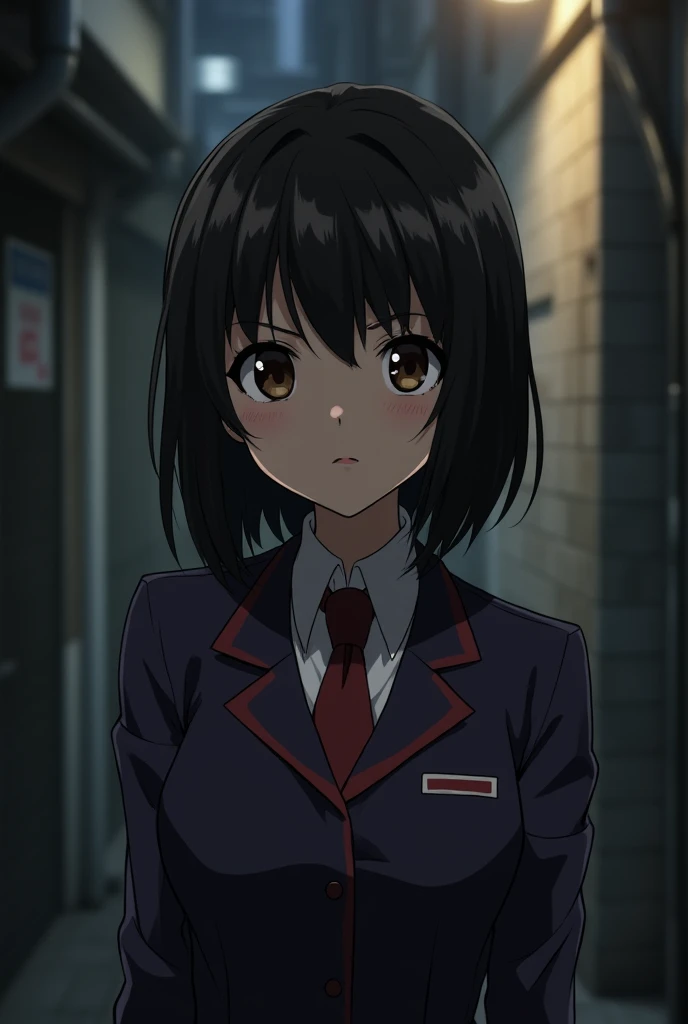 A brunette woman with short shoulder-length hair in black small round eyes  ,  dark brown color  ,  thick eyebrows ,  round face ,  thin red lips  ,  wears a gang member's uniform is in a dark alley in Japan animation style Tokyo Revengers Mapa