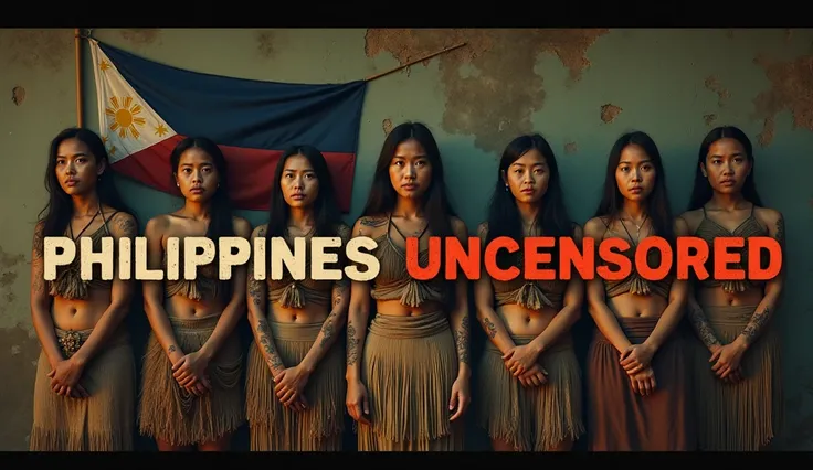 A cinematic and dramatic image featuring a group of indigenous Filipino women standing in a row against an old, weathered stone or mud wall. They wear traditional woven skirts and wrap-around tops in earthy tones, with intricate tribal tattoos on their arm...