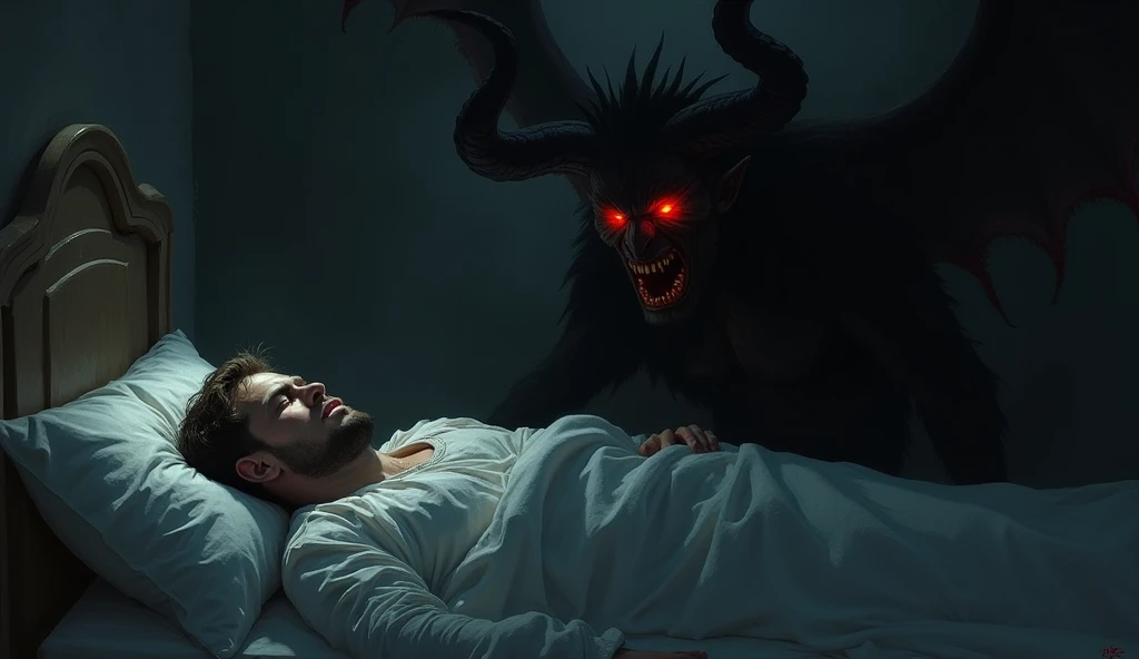 A man who is sleeping and Satan is looking at him angrily as he passes by