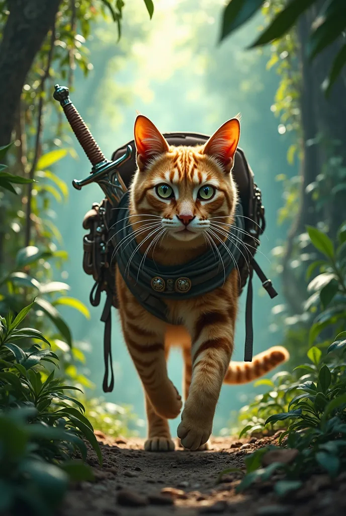 Beautiful cat in the jungle with a backpack and a sword 