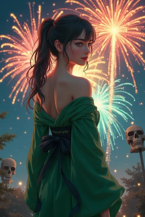   score _9,   score _8_arriba,   score _7_arriba, Desde atrás, Alone ,  a girl, odelschwanck,  smile,   looking back, skull,  green kimono,   off the shoulder  ,   Bare Shoulders , rear,   fireworks  