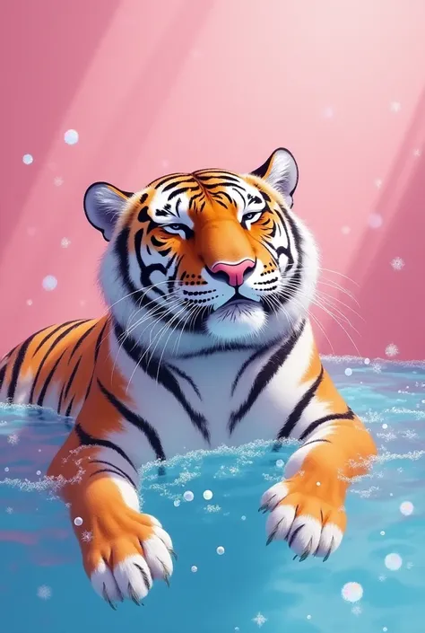 Dopamine art poster. Painted bathing tiger, pastel colors. Pink background.