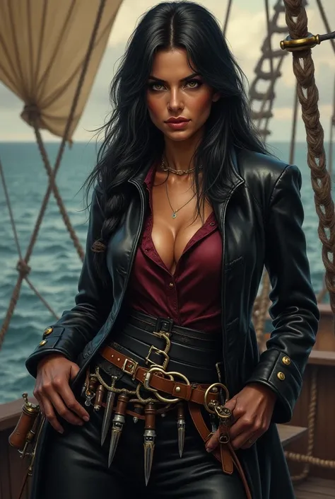 Masterpiece.  photorealistic. Style of JEFF EASLEY!

 The classic image of a fantasy pirate world in a role-playing game:

 The sophisticated spy

Nadira is an elegant , tall woman with olive skin and pitch black , silky straight hair ,  which falls over h...