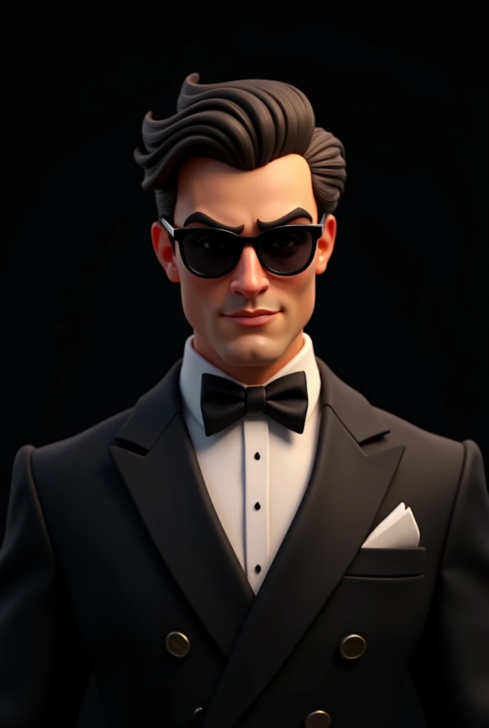  animated man wearing dark glasses and elegant tuxedo looking straight at the camera with security pose and mystery winner pose,  elegant hairstyle , handsome, on a black background, Let it be a bit lively, not very realistic 