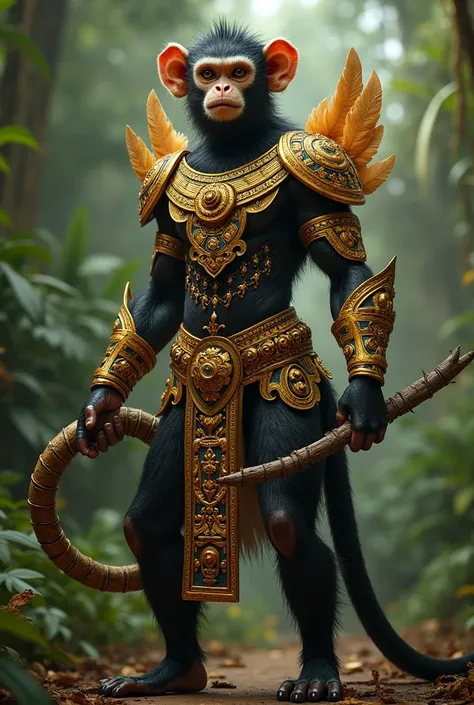 Mythical and strong spider monkey with golden armor with Mayan designs and some feathers in his wardrobe and in his hand a whip of tree branches