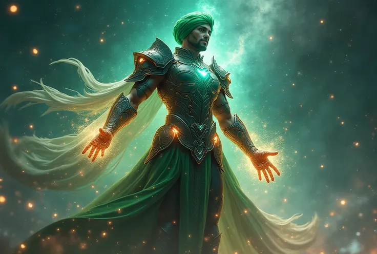 Epic shiny lighting Man wearing green turban and black steel armor floating in space