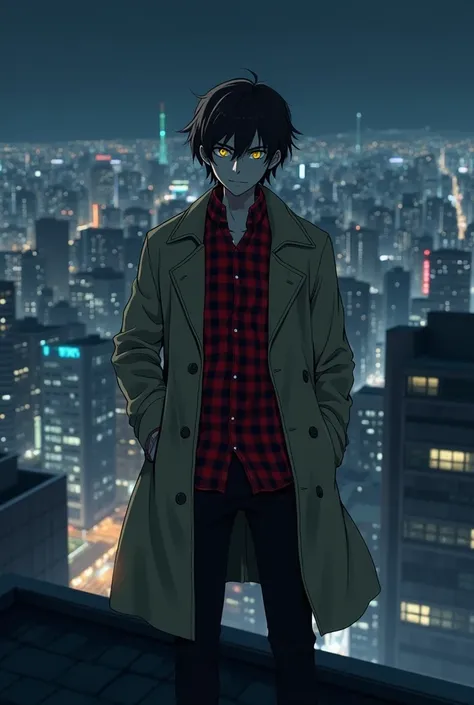  Anime character With dark brown hair , In a red checkered shirt , in dark pants , in a beige trench coat ,with yellow eyes ,
 he himself is on the roof , and behind him is a city at night 
Like in an anime drawing " Tokyo Ghoul "