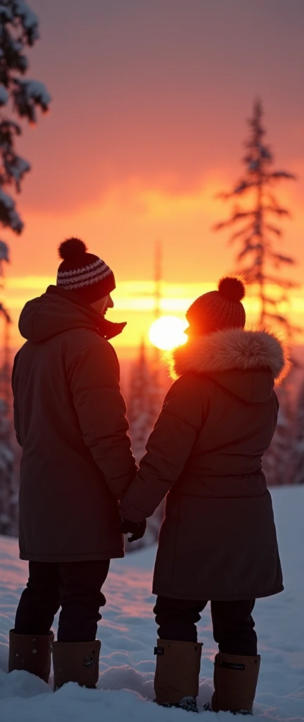 Lindama man and woman watching the sunset in winter 