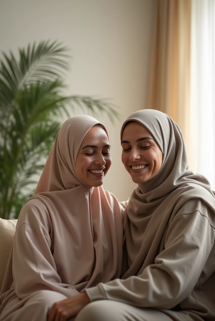 "A Muslim veiled couple, who are sitting peacefully with each other in a comfortable environment, in front of them a soft light and a homely environment in a clean environment. The wife is healthy and wearing a hijab, her shapely breasts float attractively...