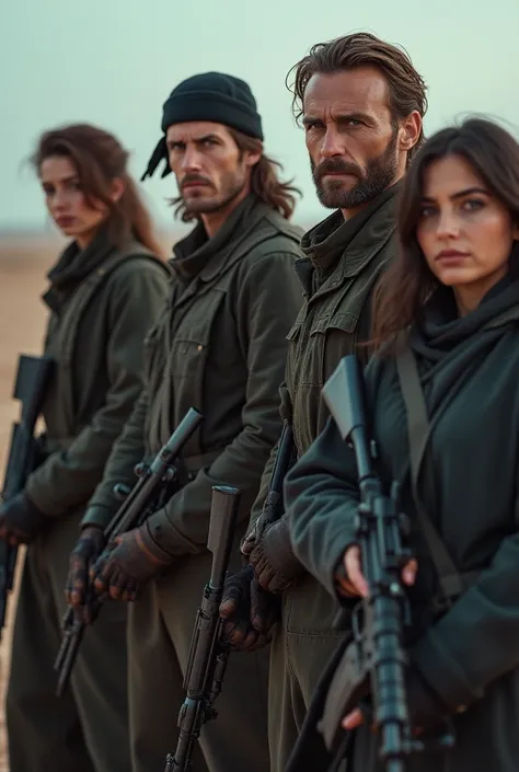 A group with three men and two women, mercenary dresses, The first one holding a knife, The second a desert gun, And the third one an AK47,HD model,  Dutch angle ,  depth of field,  Minimalism,  blue eyes, 