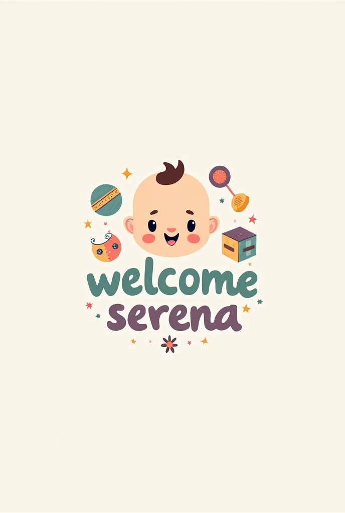 baby logo , Say “welcome ,  Serena” in the color lilac and water green, with some baby toys  