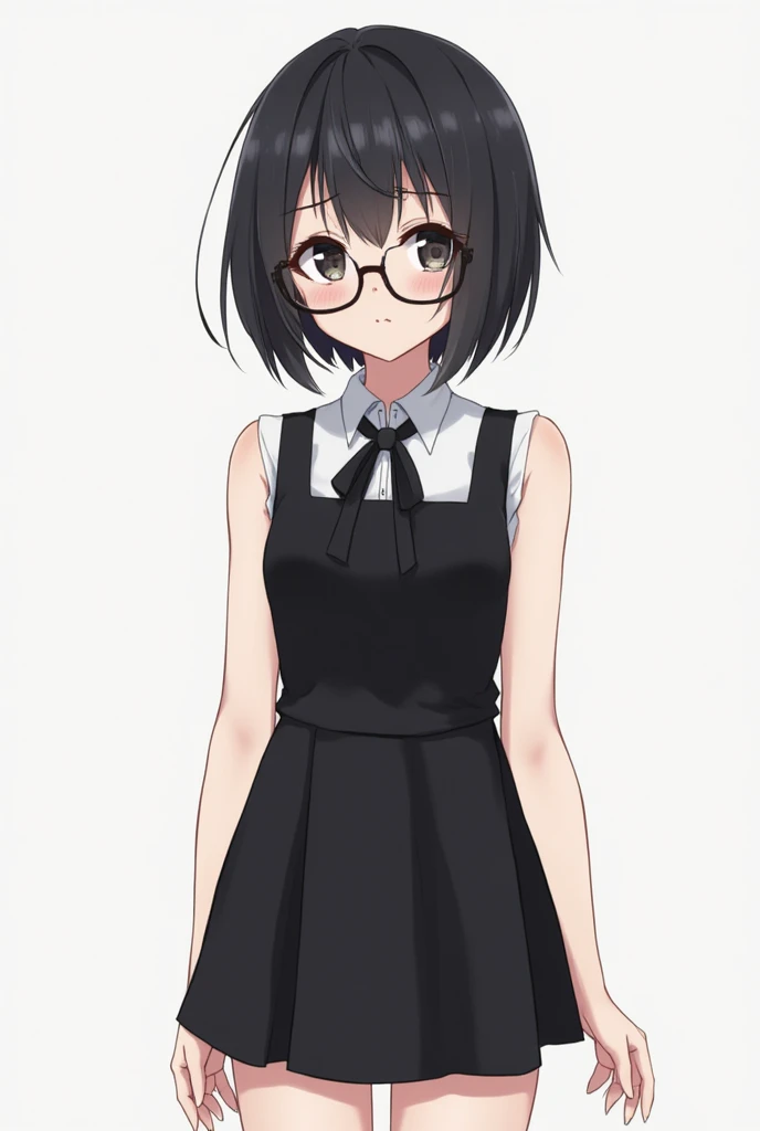 1 girl [appearance= " black eyes", " short black hair", "height: 175cm", " slim body"] [Clothes= " sleeveless black dress ", "glasses", "collar"] ( Full Body Plane)  illustration, anime style 4k,  Precise,  super detailed ,  tall details ,  High resolution...